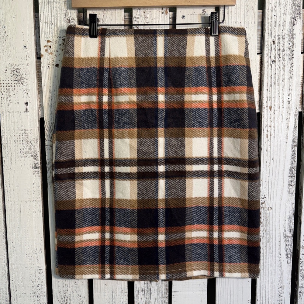 i‎ Plaid Pencil Skirt M Brown Orange Wool Blend Lined Knee NEW Collegiate Preppy